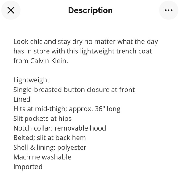 Calvin Klein Single Breasted Rain Trench NWOT - Picture 6 of 6